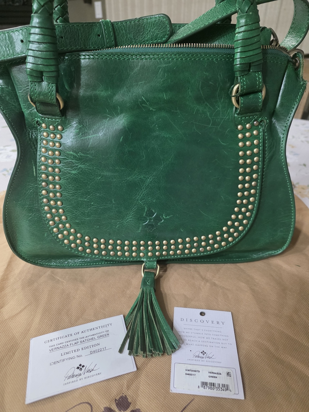 Patricia Nash Vernazza Limited Edition Green Leather Satchel with Tassel
